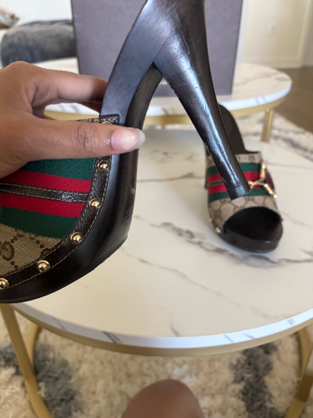 Gucci Brown GG Canvas Wood Platform Slides with Red and Green Web - Picture 9 of 16